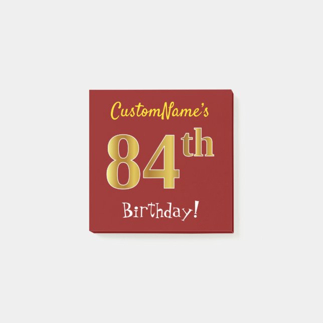 Notas Post-it® Red, Faux Gold 84th Birthday, con nombre personali (Anverso)
