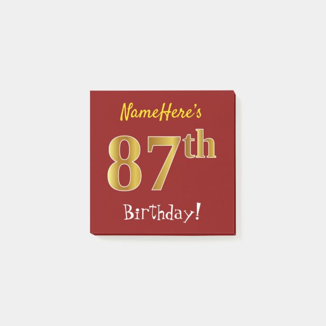 Notas Post-it® Red, Faux Gold 87th Birthday, con nombre personali (Anverso)
