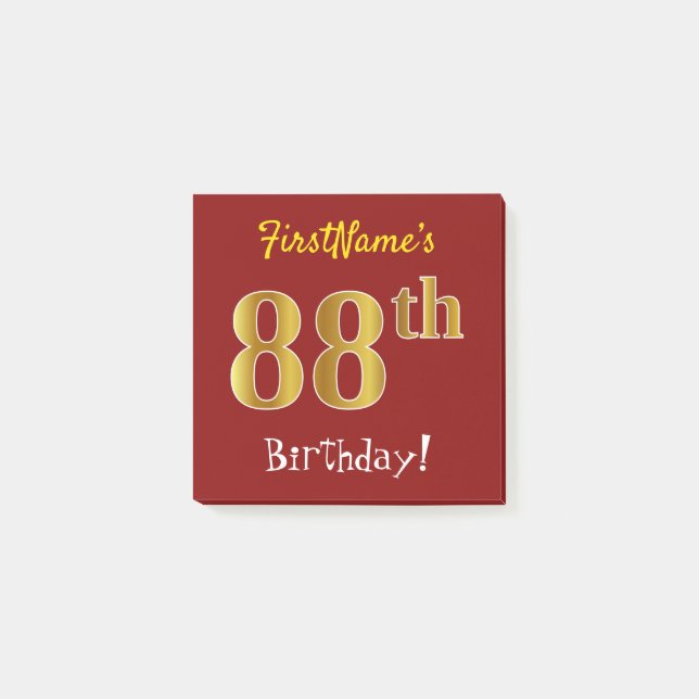 Notas Post-it® Red, Faux Gold 88th Birthday, con nombre personali (Anverso)