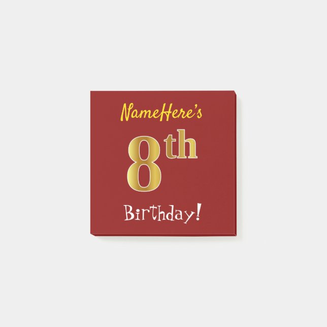 Notas Post-it® Red, Faux Gold 8Cumpleaños, Con Nombre Personaliza (Anverso)
