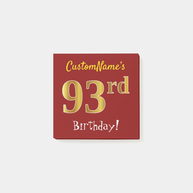 Notas Post-it® Red, Faux Gold 93rd Birthday, con nombre personali (Anverso)