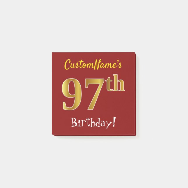 Notas Post-it® Red, Faux Gold 97th Birthday, con nombre personali (Anverso)