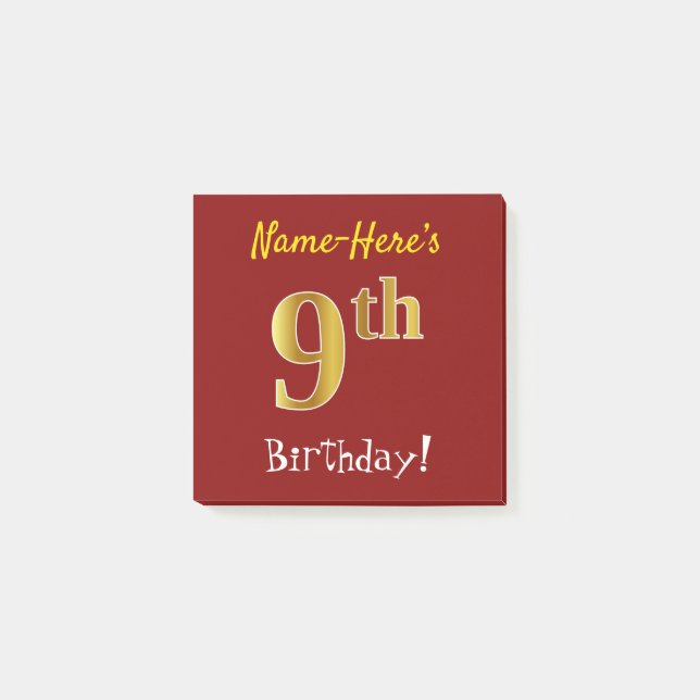 Notas Post-it® Red, Faux Gold 9Cumpleaños, Con Nombre Personaliza (Anverso)