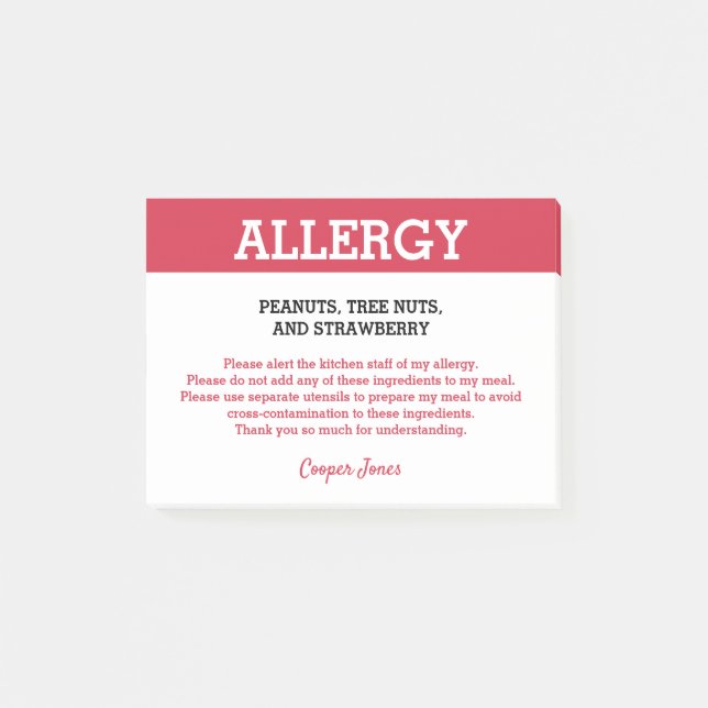 Notas Post-it® Restaurante de Alerta Alérgica de Alimentos Person (Anverso)