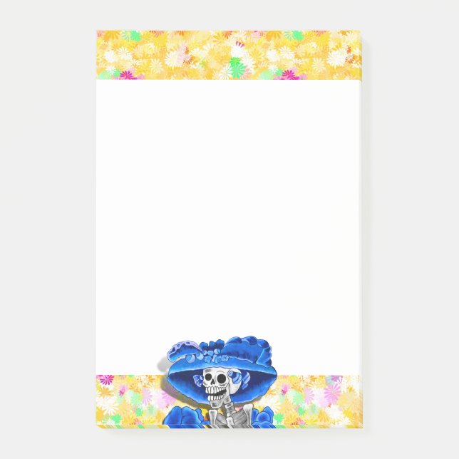 Notas Post-it® Ríe mujer esqueleto con un bonnet azul en amarillo (Anverso)