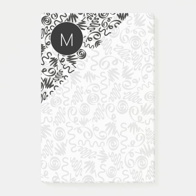 Notas Post-it® Rizos Doodle Monogramados Negro y Blanco (Anverso)