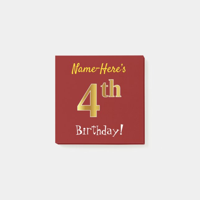 Notas Post-it® Rojo, Falso Cumpleaños de 4 años con Nombre Person (Anverso)