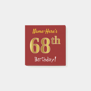 Notas Post-it® Rojo, Faux Gold 68 cumpleaños, con nombre personal