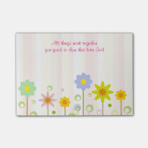 Notas Post-it® Romanos 8:28, raya rosada y flor cita cristiana