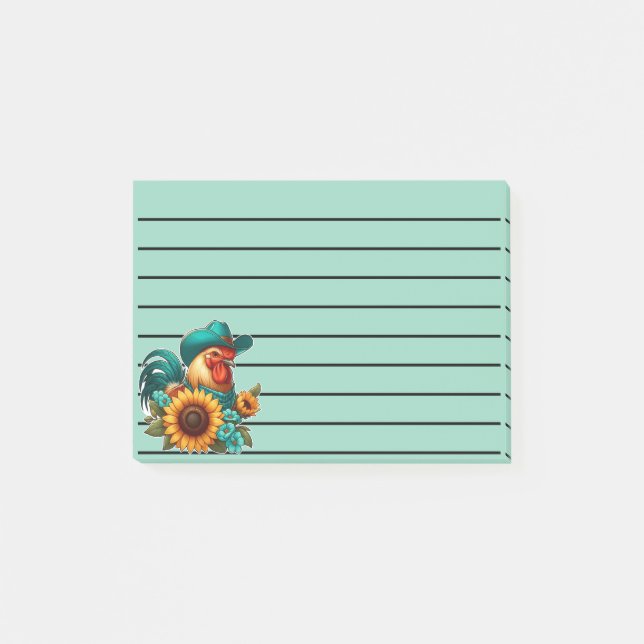 Notas Post-it® Rooster con Gorra Verde azulado y girasoles (Anverso)