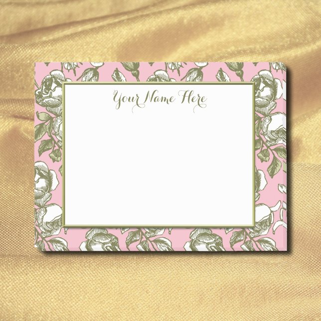 Notas Post-it® Rosas de cosecha personalizado en pegajosas floral (Zazzle White and Gold Roses on Pink Custom Post-it Notes)