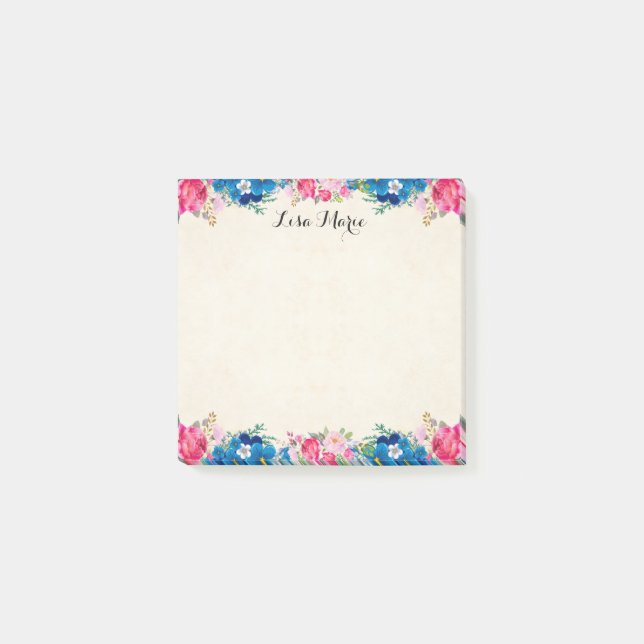 Notas Post-it® Rosas Rosa Y Flores Azules De bonito Personalizada (Anverso)