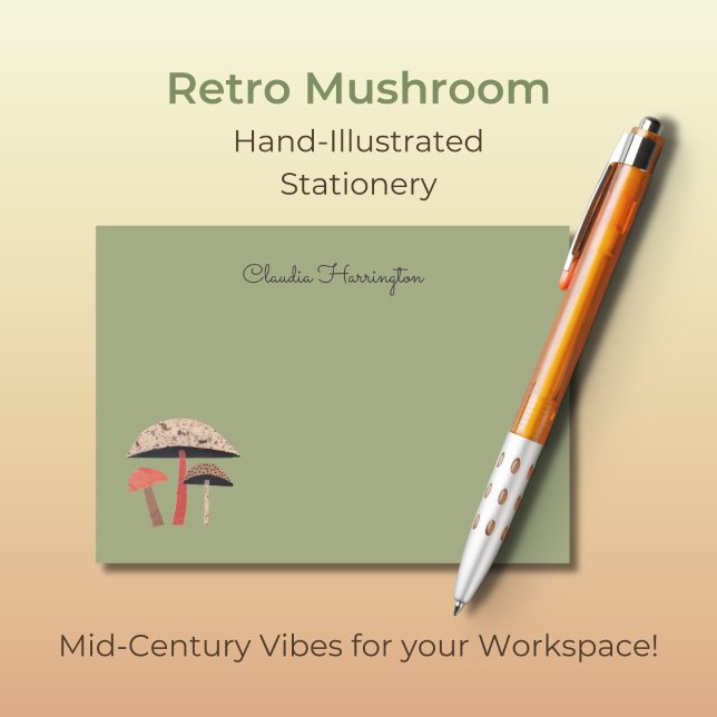Notas Post-it® Sage Green de hongos con iluminación manual de med (These retro midcentury mushroom notecards are truly unique, with my own original art.)
