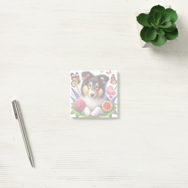 Notas Post-it® Sheepdog de Shetland con flores y mariposas (Oficina)