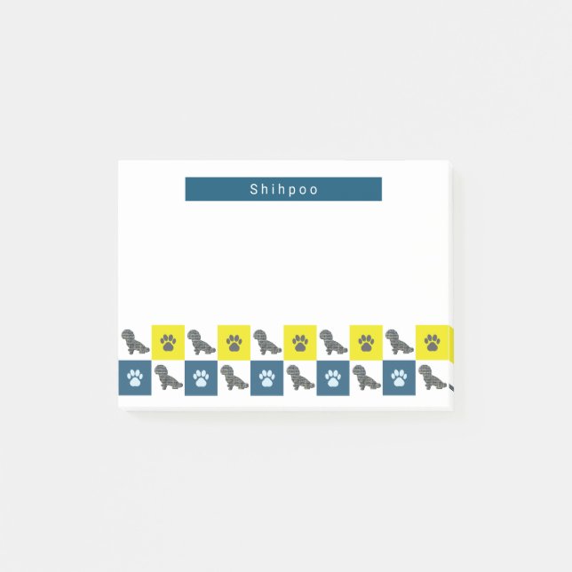 Notas Post-it® Shihpoo Dog & Paw Yellow & Blue Grid Silhouette (Anverso)