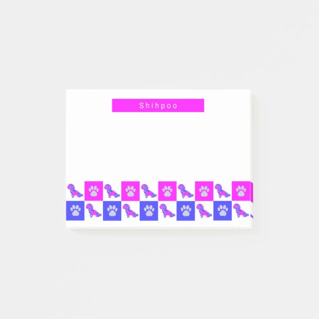 Notas Post-it® Shihpoo Silhouette Dog & Paw Hot Pink & Blue (Anverso)