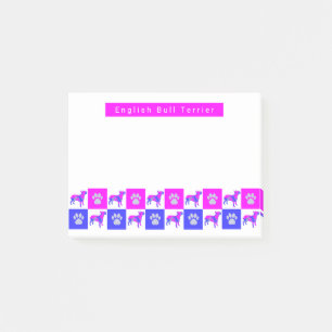 Notas Post-it® Silueta de perro Bull Terrier con patas rosa y azu