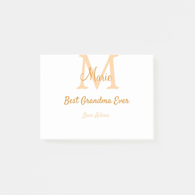 Notas Post-it® simple mínimo mejor Abuela jamás naranja monograma (Anverso)