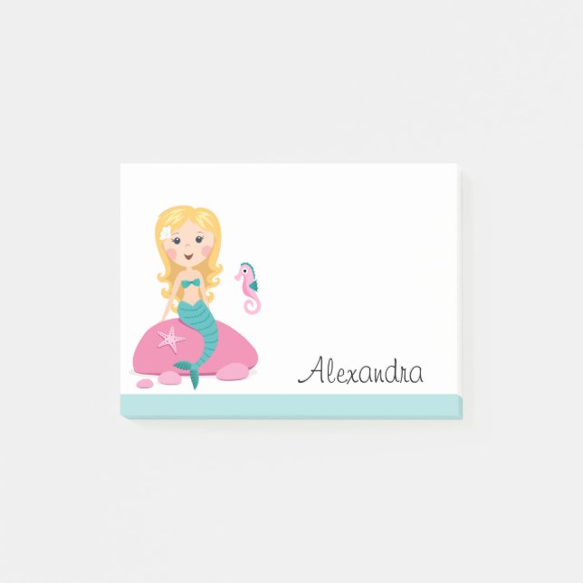Notas Post-it® Sirena rubia con nombre personalizado seahorse (Anverso)