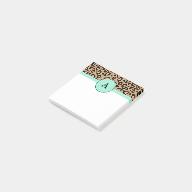Notas Post-it® Small Turquoise Leopard Monogrammed Post (En perspectiva)