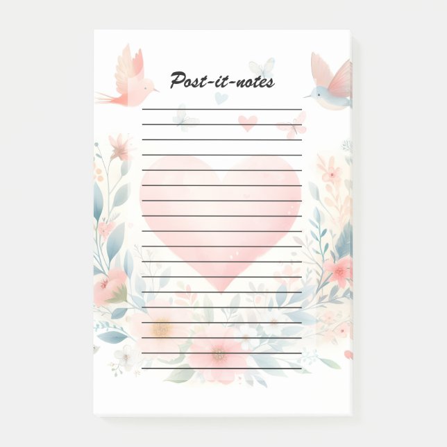 Notas Post-it® Soft Watercolor Heart Love Flowers Birds (Anverso)