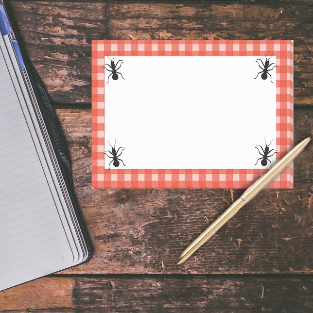 Notas Post-it® Sombrilla de hormigas negras en marcha (Black Ants with red white checker picnic tablecloth plaid on white post it notes.)