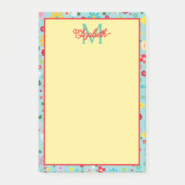 Notas Post-it® Spring Flowers on Aqua Blue Monogram