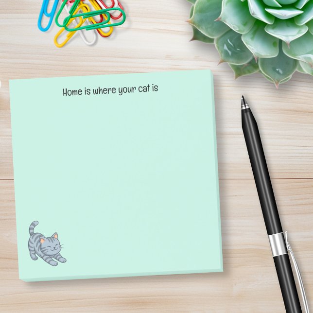 Notas Post-it® Stretching Grey Tabby Cat Green Custom Text (Subido por el creador)