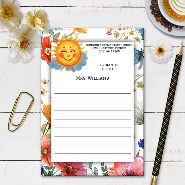 Notas Post-it® Sunshine Watercolor Wildflowers Teacher (Post it notes featuring a cute design with a smiling sun on background of watercolor wildflowers)