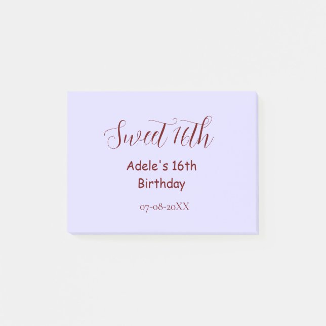 Notas Post-it® Sweet 16th birthday purple pastel mauve retro name (Anverso)