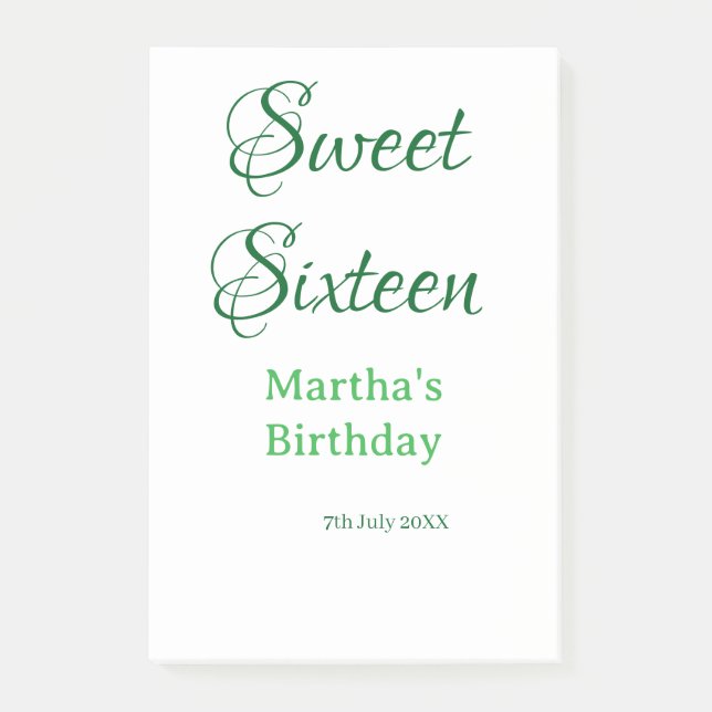 Notas Post-it® Sweet Sixteen green name date calligraphy boho ret (Anverso)