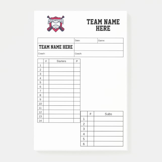 Notas Post-it® Tarjetas de alineación de béisbol (Anverso)
