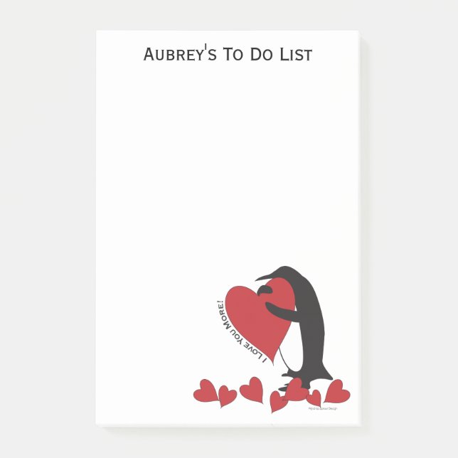 Notas Post-it® ¡Te amo más! Pingüino y corazón rojo (Anverso)