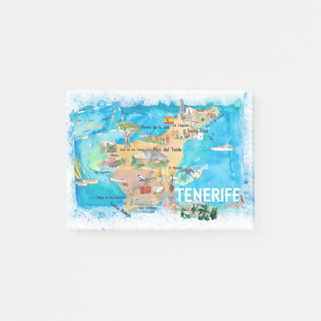Notas Post-it® Tenerife Canarias España Mapa ilustrado con Landm (Anverso)