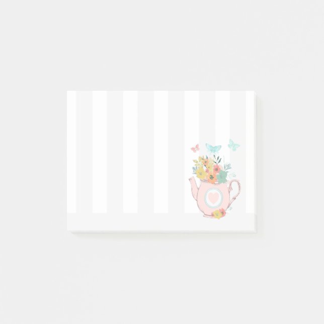 Notas Post-it® Tetera rosa con flores y mariposas (Anverso)