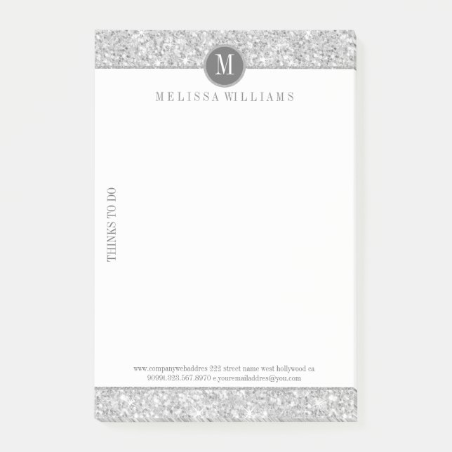 Notas Post-it® Textura de Purpurina gris plateado y blanco (Anverso)