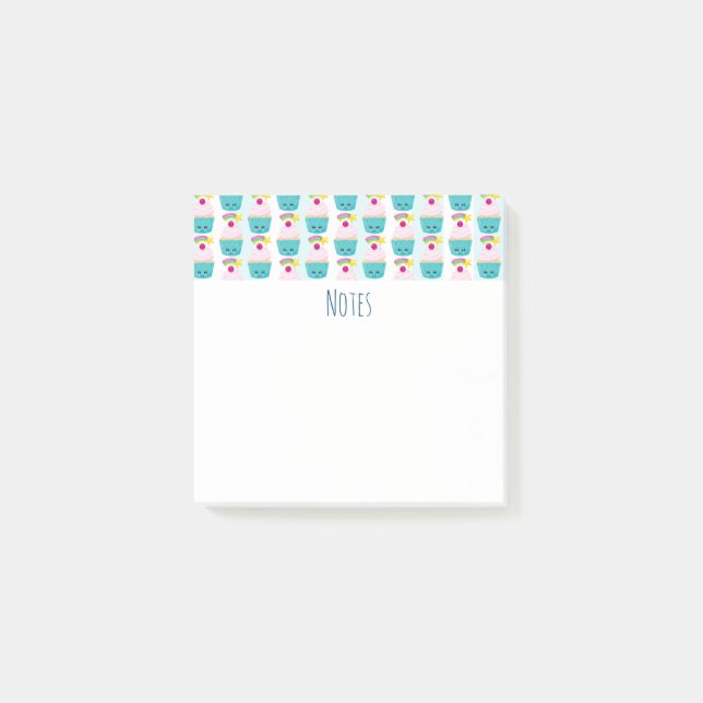Notas Post-it® Torta azul cúrcuma con patrón de cara de Kawaii (Anverso)