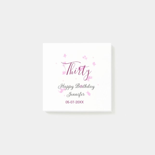 Notas Post-it® Treinta años purpurina rosa estrellas negro 30 fec (Anverso)