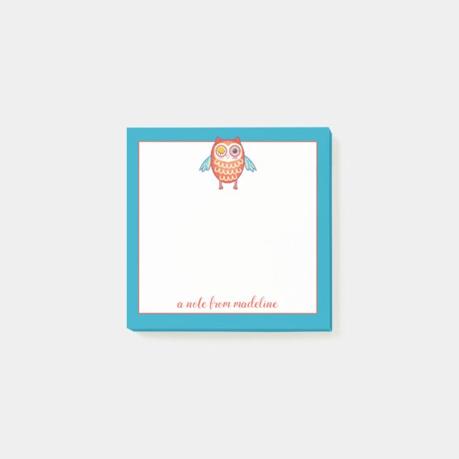 Notas Post-it® Tu nombre | Lechuza colorida (Anverso)