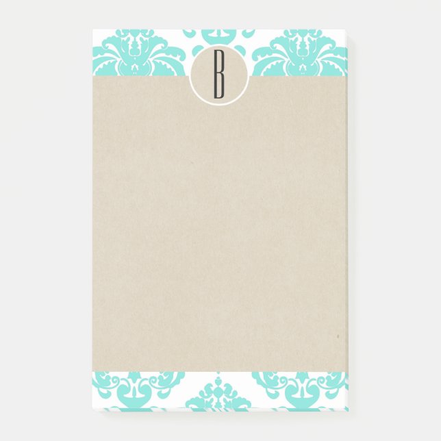 Notas Post-it® Turquesa Aguamarina Glam Damask Kraft Monograma In (Anverso)