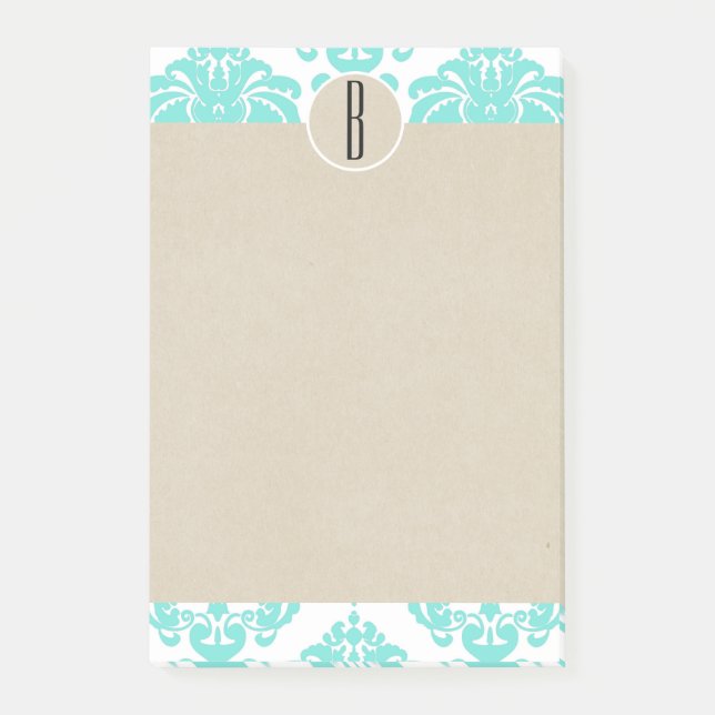 Notas Post-it® Turquoise Aqua Glam Damask Kraft Monograma inicial (Anverso)