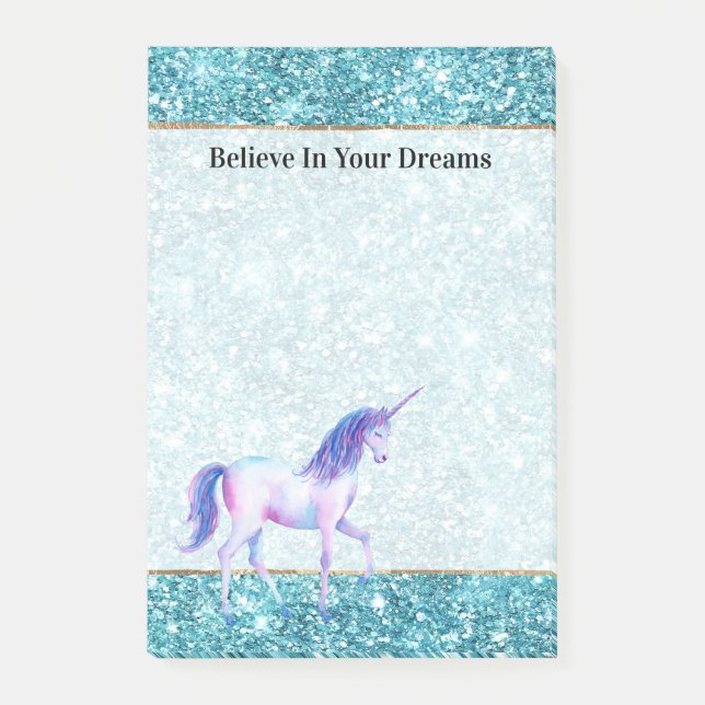 Notas Post-it® Turquoise Aqua Glitz Glitter Purple Unicorn (Anverso)
