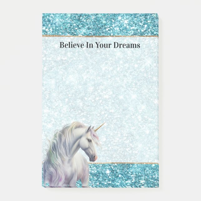 Notas Post-it® Turquoise Aqua Glitz Glitter Unicorn (Anverso)