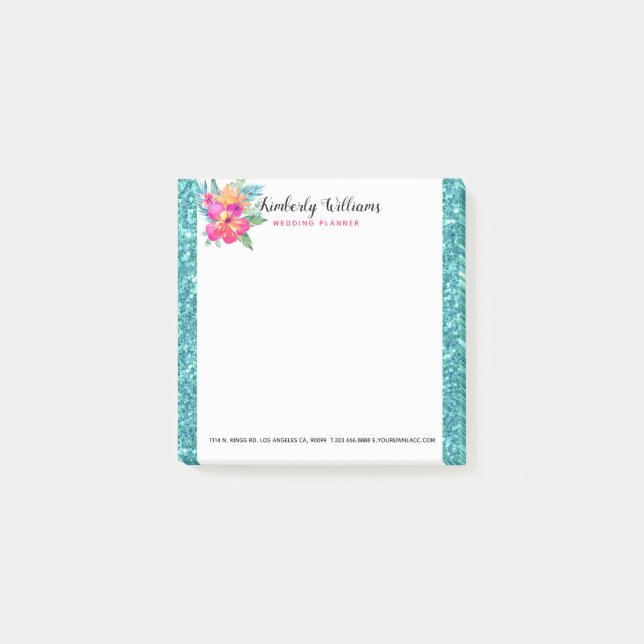 Notas Post-it® Turquoise Faux Purpurina & Floral Bouquet (Anverso)