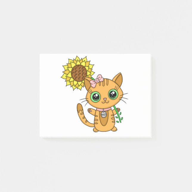 Notas Post-it® Un gato Naranja kawaii con girasol (Anverso)