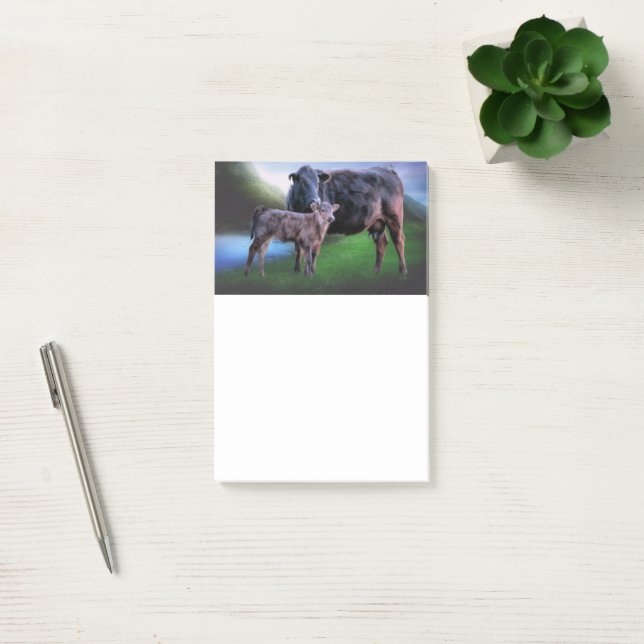 Notas Post-it® Vaca y ternera junto a un lago tranquilo en las co