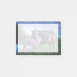 Notas Post-it® Vaca y ternera junto a un lago tranquilo en las co