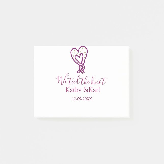Notas Post-it® We tied the knot pink heart knots name date romant (Anverso)