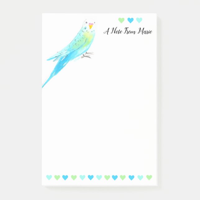 Notas Post-it® Whimsical Blue Watercolor Budgie Parakeet (Anverso)