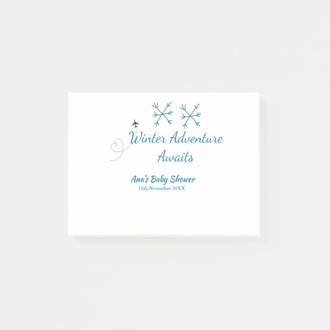 Notas Post-it® Winter Adventure awaits baby shower blue snowflake (Anverso)